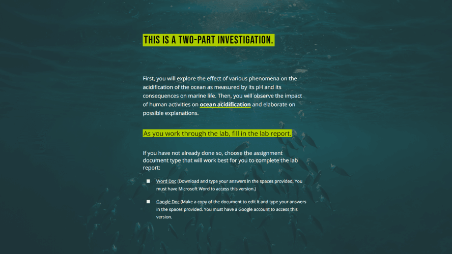 A slide within the course that is prompting students with a lab report regarding various factors of ocean acidification with an underwater view of a school of fish as the background