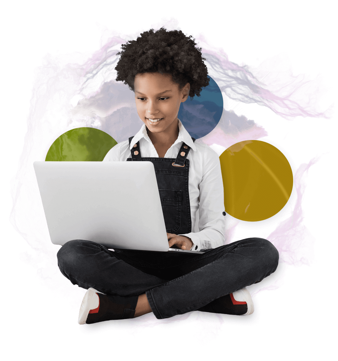 A young smiling student using their laptop with a nebula behind them