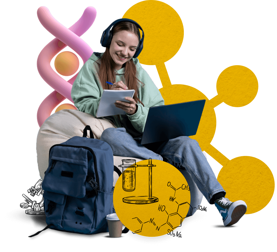 Student with laptop and biology symbols