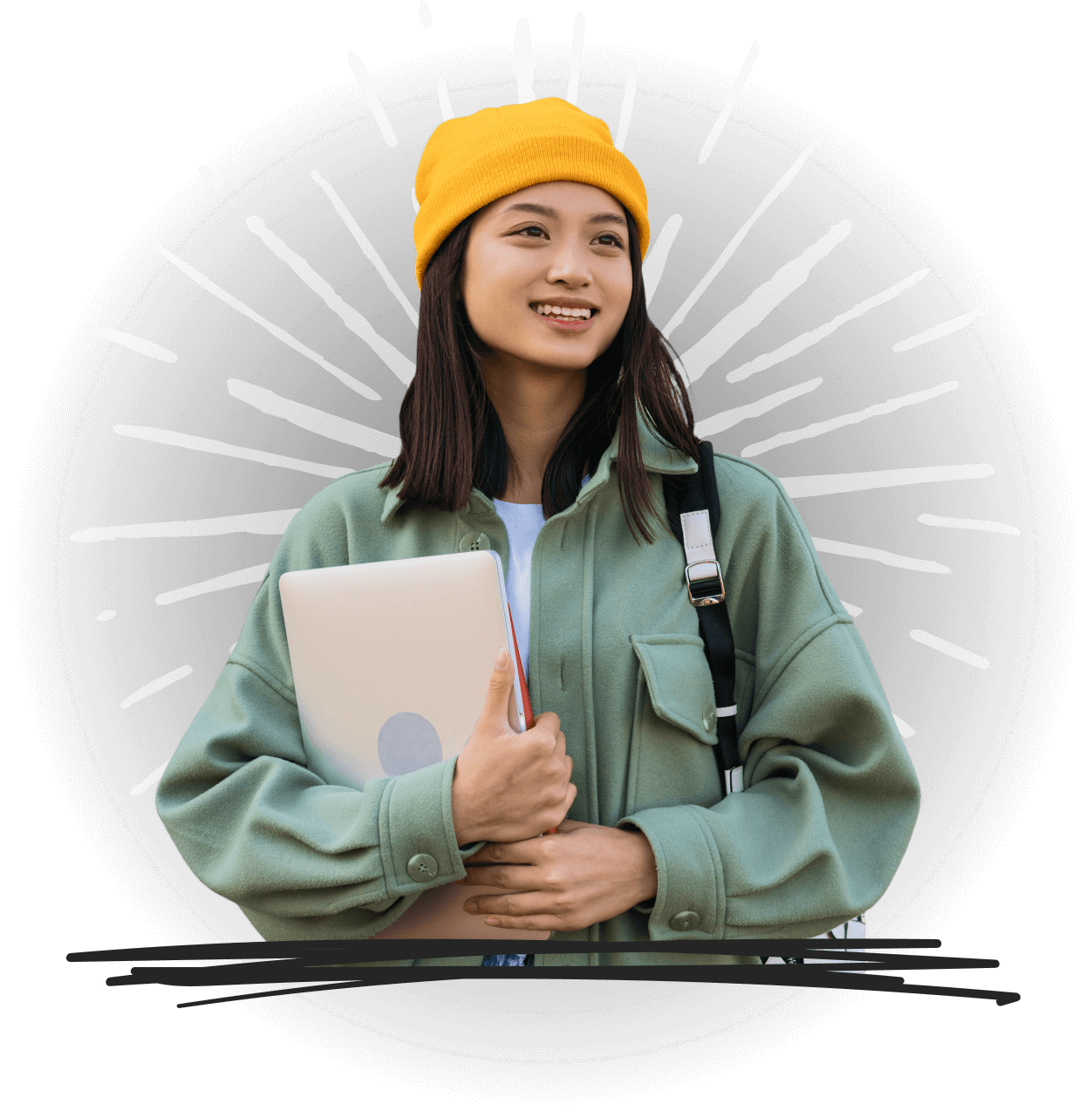 Student holding a laptop with lines behind her