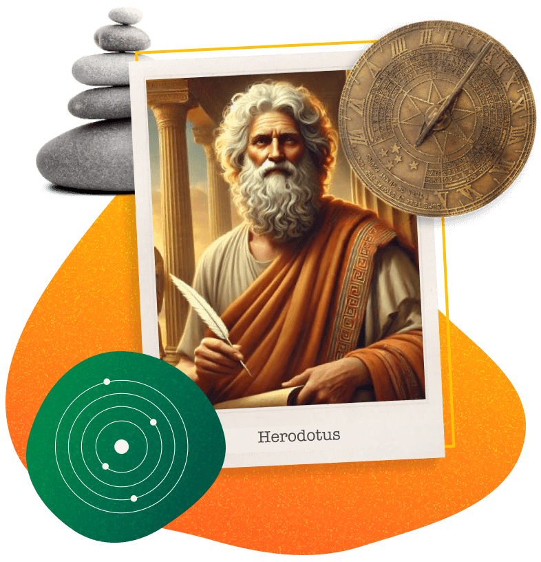 Herodotus polaroid with science symbols