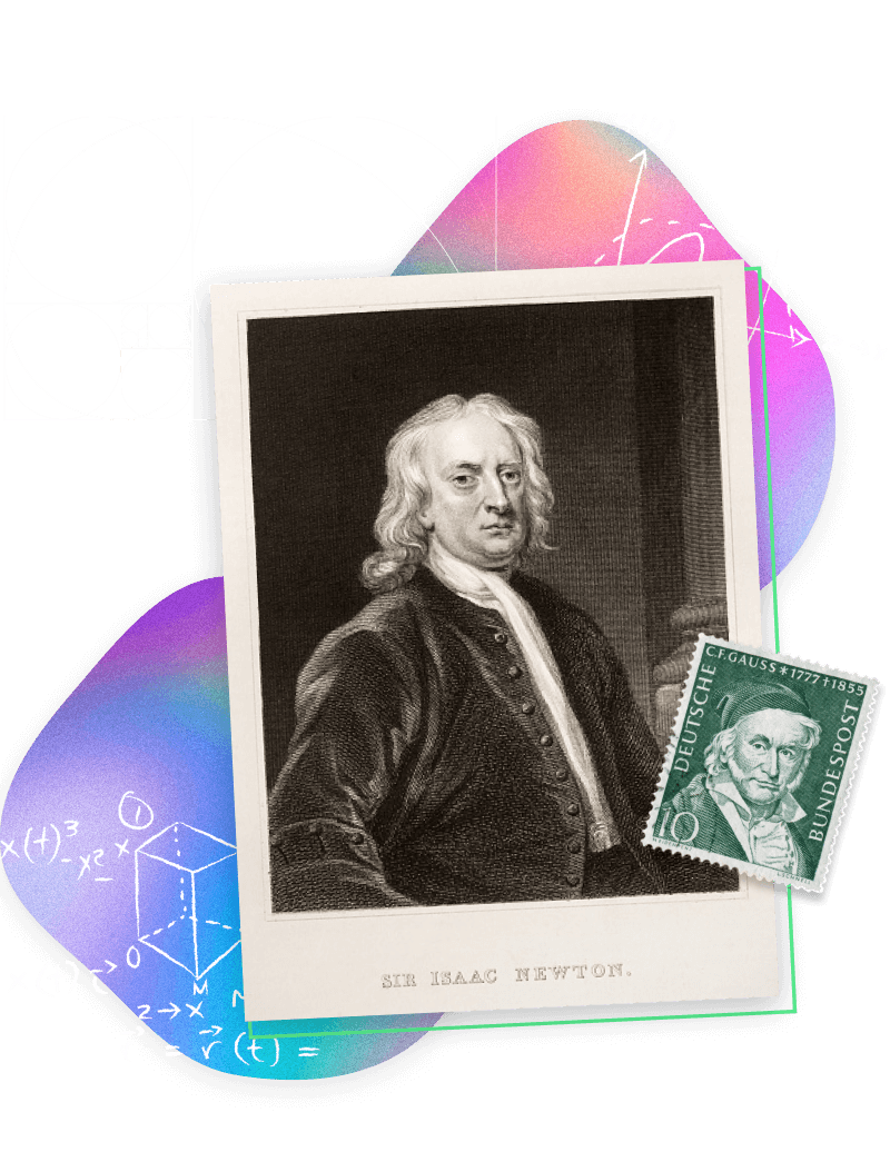 Sir Isaac Newton with colored blobs behind him