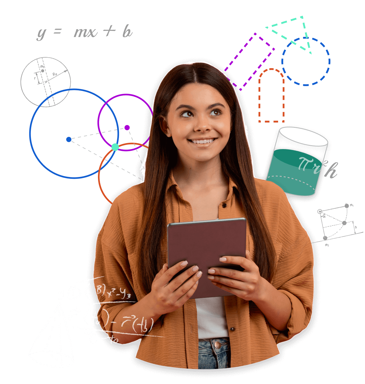 Student holding notebook with math symbols