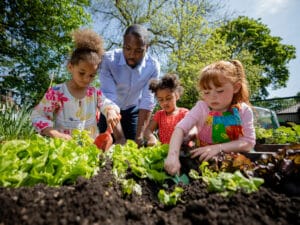 Students and teacher gardening